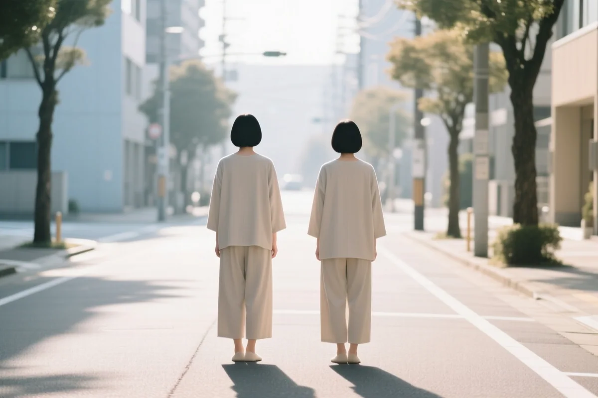 ヨーロッパの街を背に並んで歩く匿名の二人、後ろ姿の中景