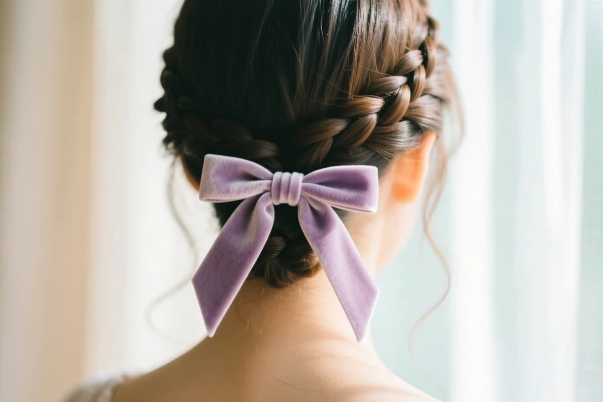 クリーム色の背景に並べられたヘアクリップとベルベットのシュシュ