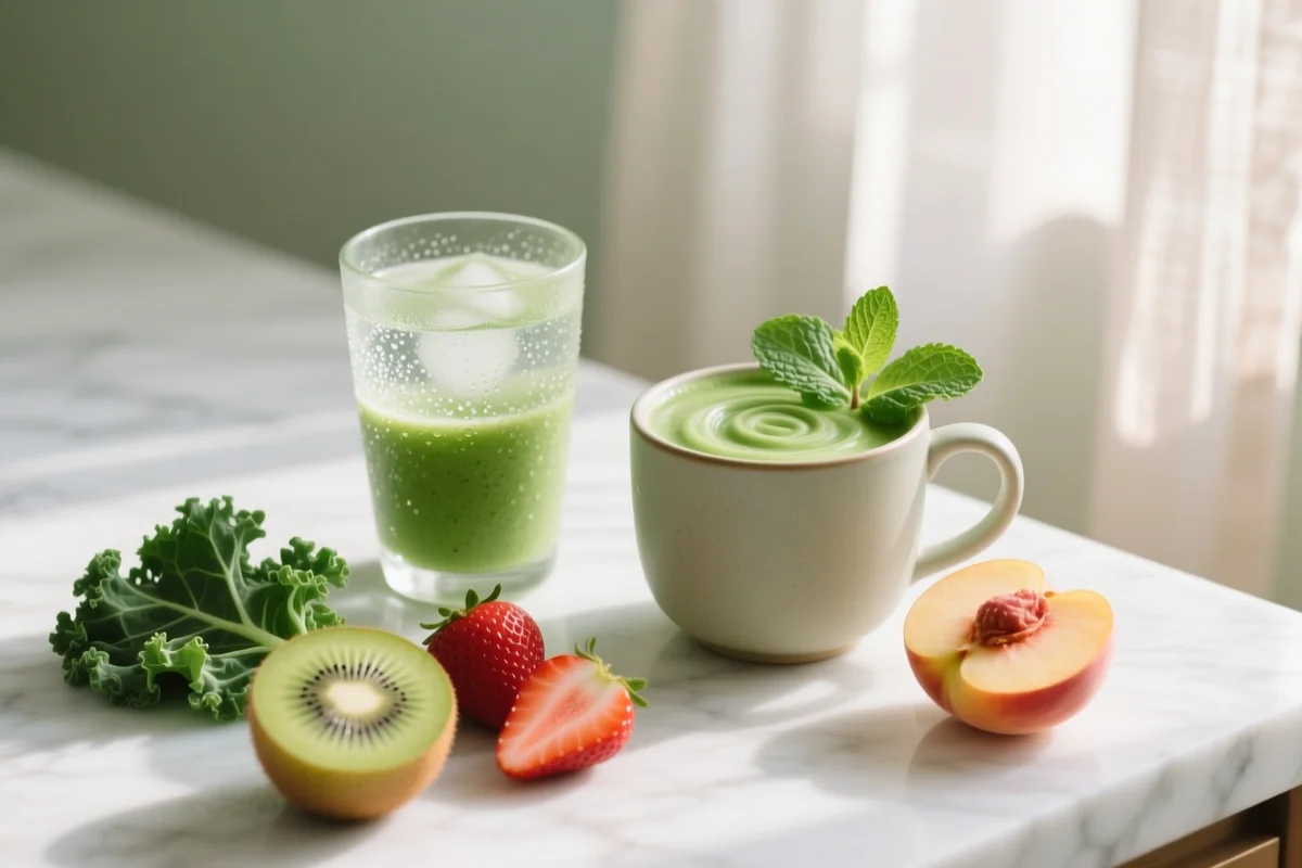 明るいキッチンのテーブルに置かれた果物と緑茶、陶器のボウル