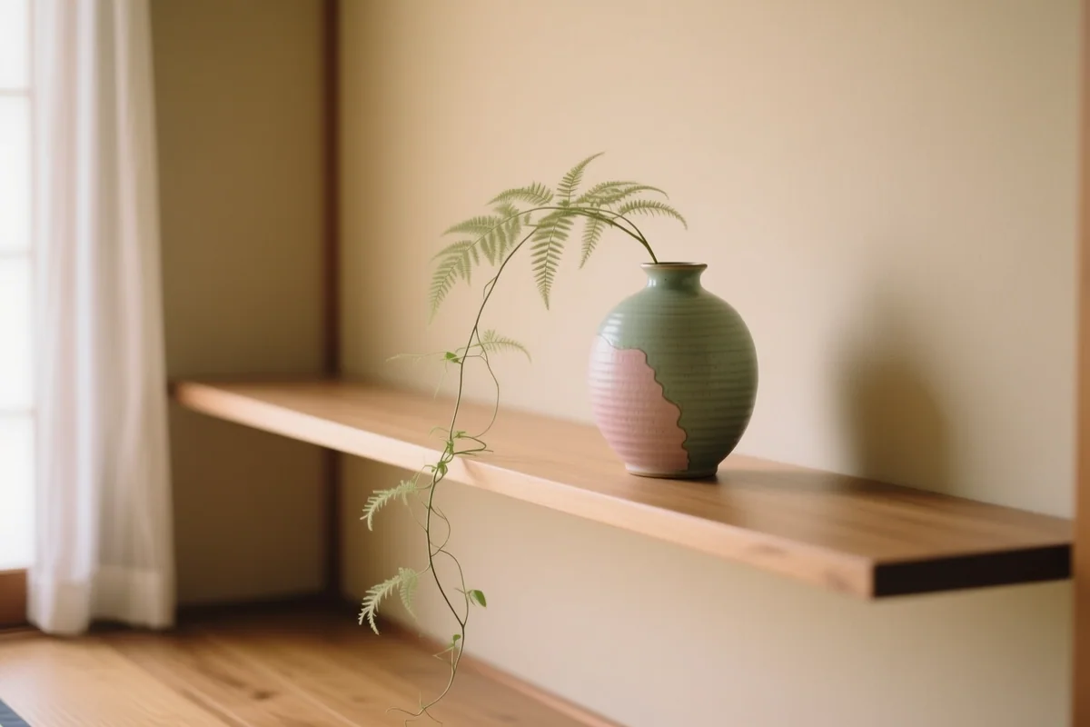 リネンのソファと観葉植物、木の床の明るいミニマルなリビング