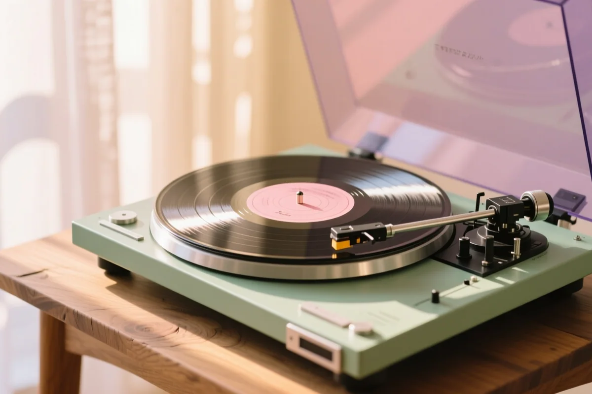 木の棚の上に並んだレコードとヘッドホン、あたたかな光
