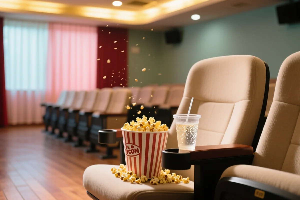 赤いベルベットの座席が並ぶ映画館と、光るスクリーン